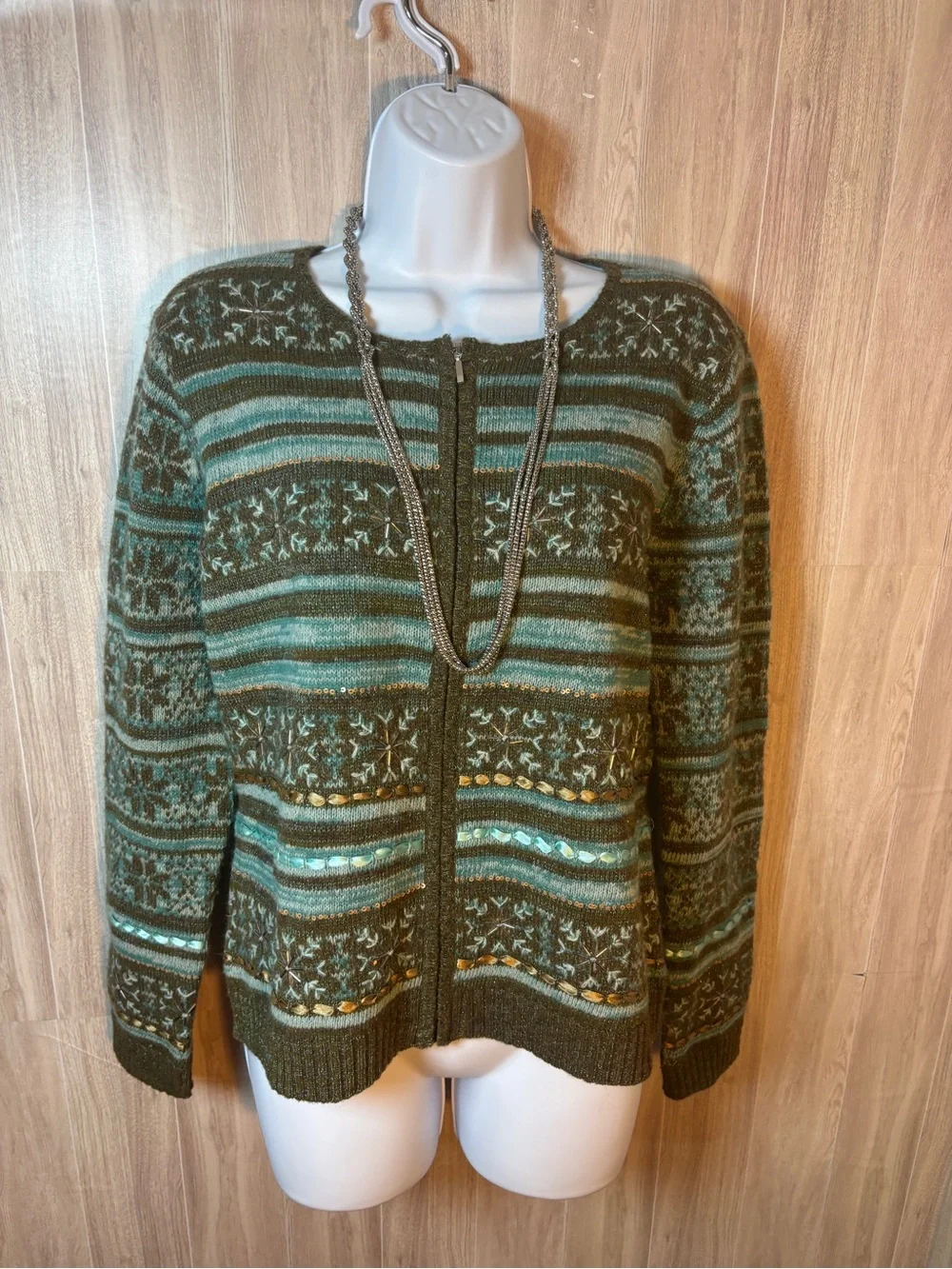 Talbots Petites Fair Isle Wool Blend Embellished Zip Cardigan M